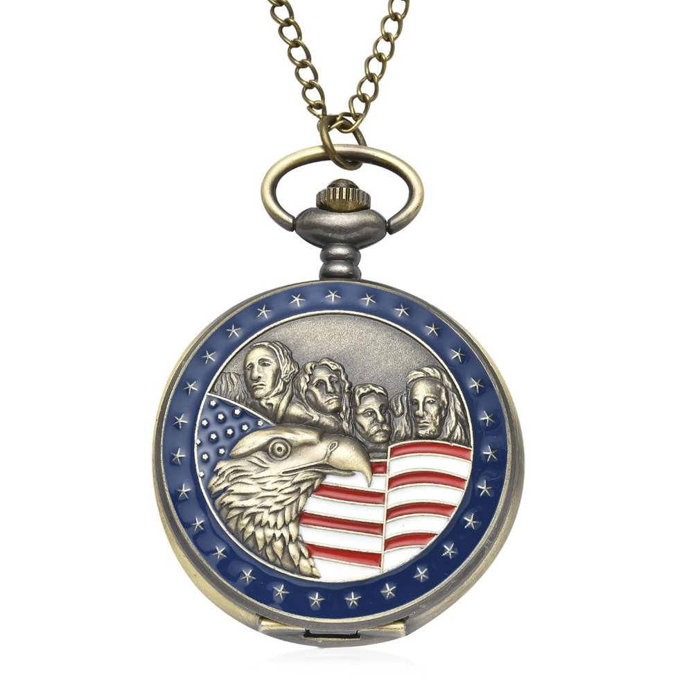 Mt. Rushmore with Eagle Head and American Flag Pattern Pocket Watch with Chain